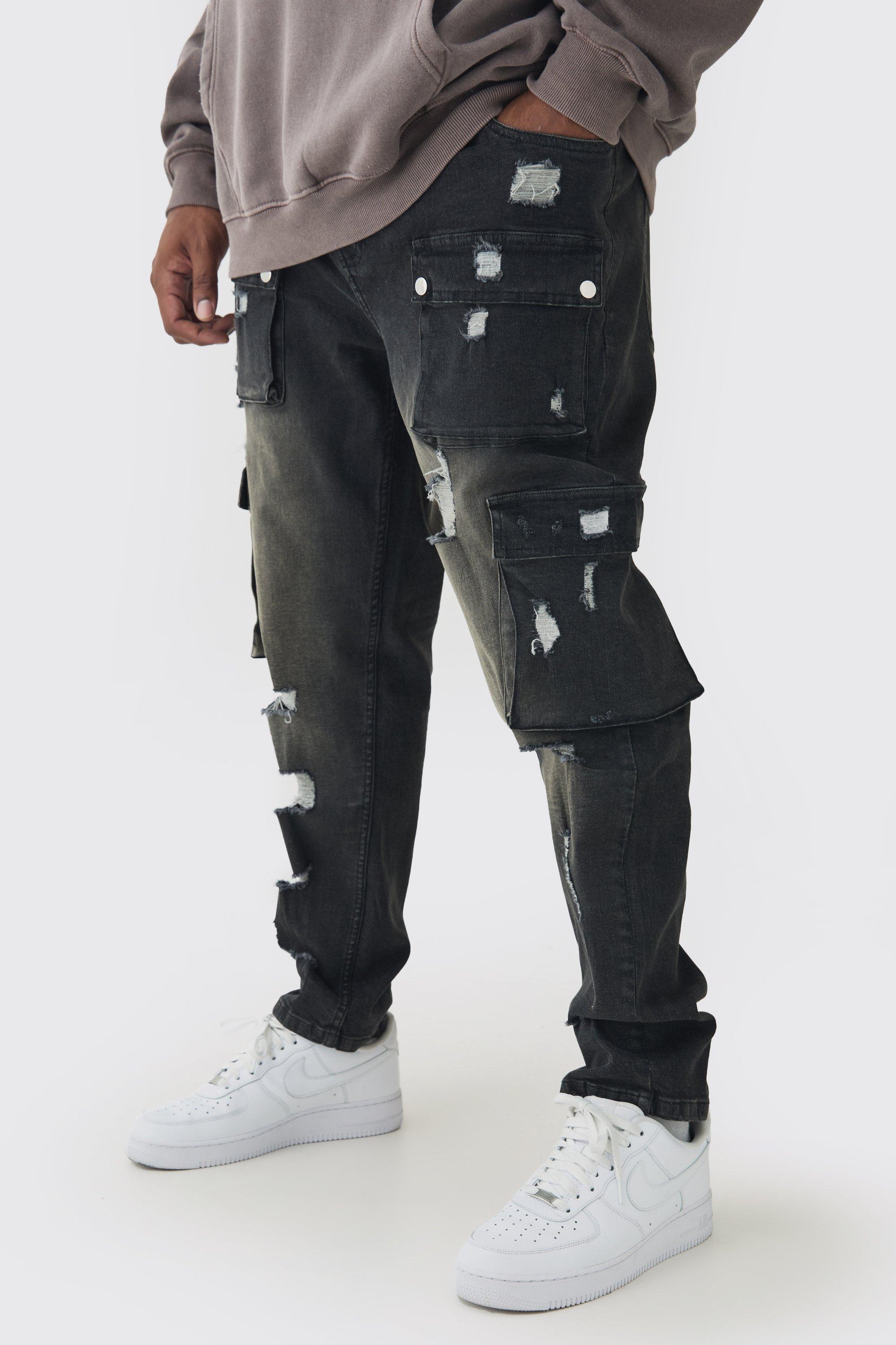 Mens Black Plus Skinny Fit Ripped Cargo Jeans, Black